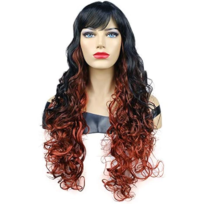 DILLARDS Onemily Natural Wave Wigs With Bangs Very Long Wavy Wig Layered Loose Curly Synthetic Wigs For Women For Daily Wear 28 Inches Fox Red Black Mix - Image 1